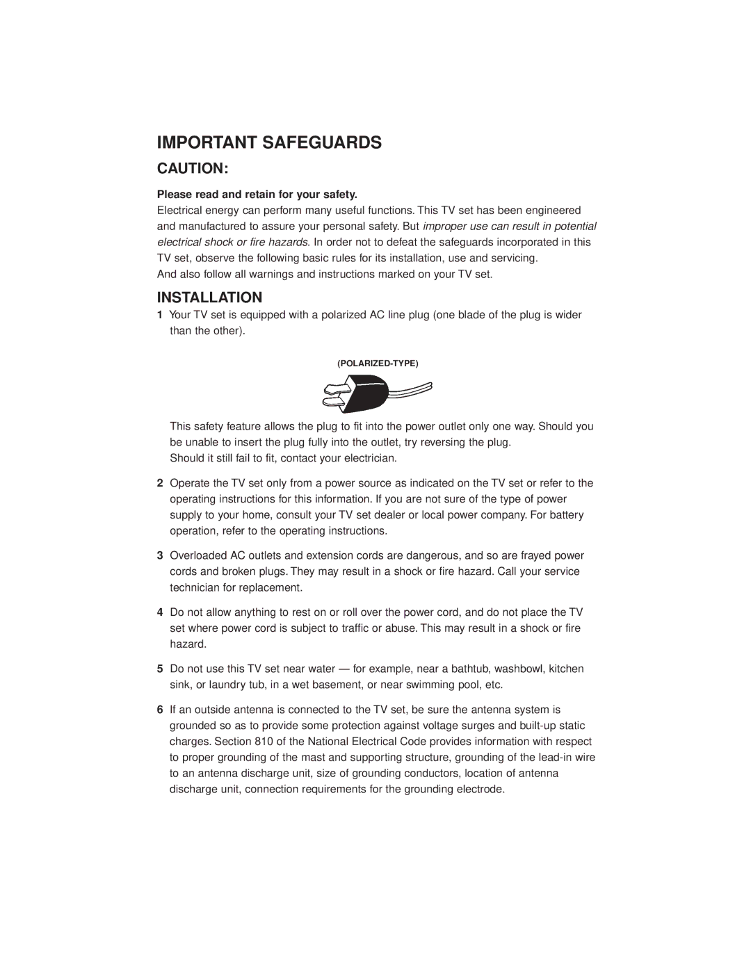 JVC AV-27GFH manual Important Safeguards, Please read and retain for your safety 