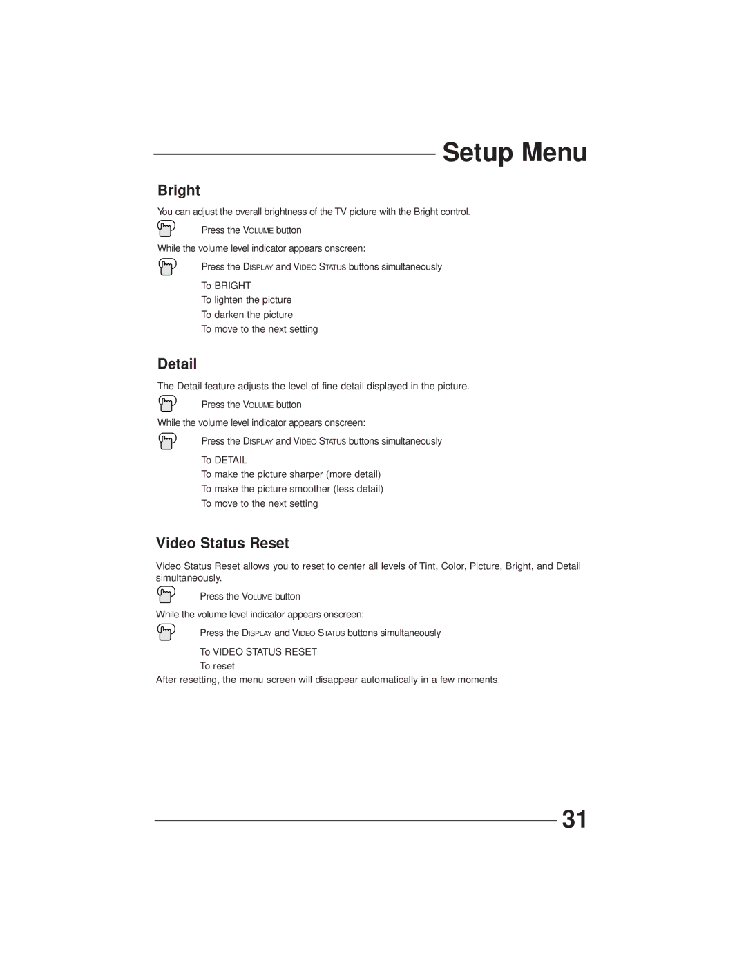 JVC AV-27GFH manual Bright, Detail, Video Status Reset 