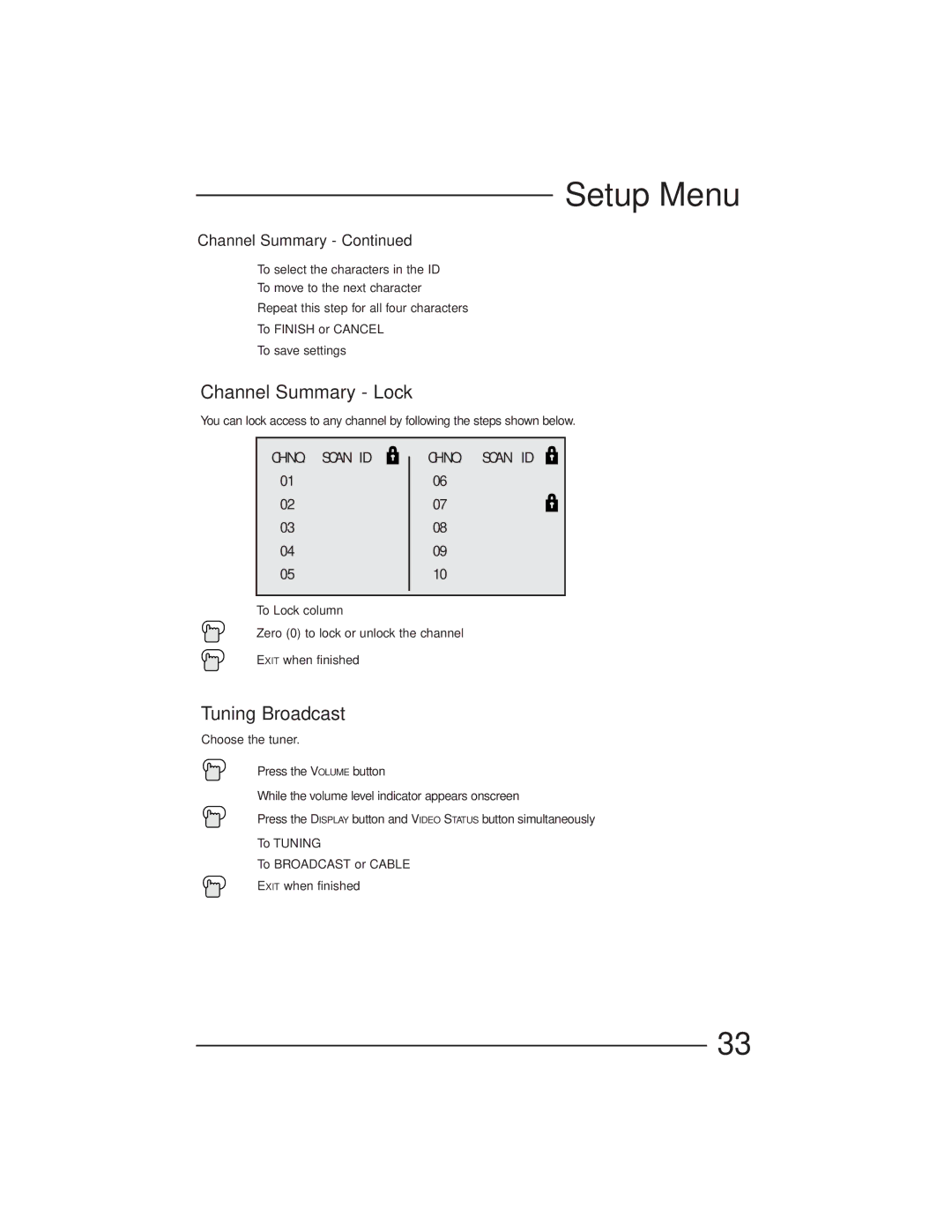 JVC AV-27GFH manual Channel Summary Lock, Tuning Broadcast 