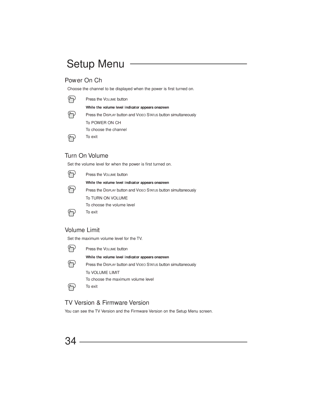 JVC AV-27GFH manual Power On Ch, Turn On Volume, Volume Limit, TV Version & Firmware Version 