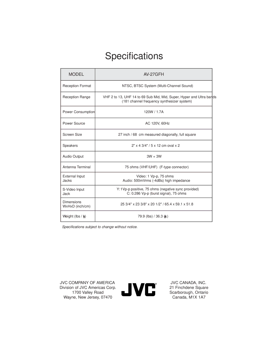 JVC AV-27GFH manual Specifications, Model 