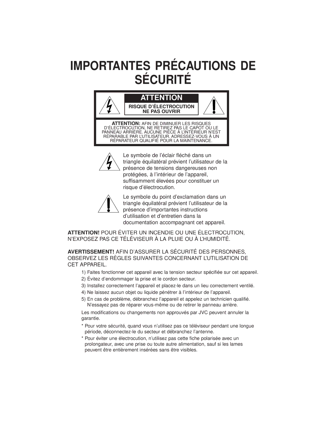 JVC AV-27GFH manual Sécurité 