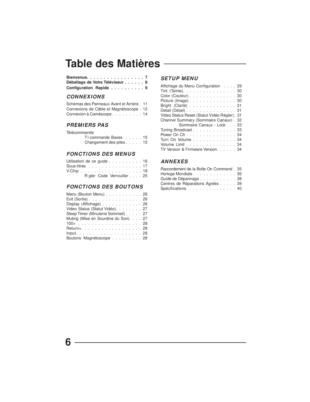 JVC AV-27GFH manual Table des Matières, Connexions 