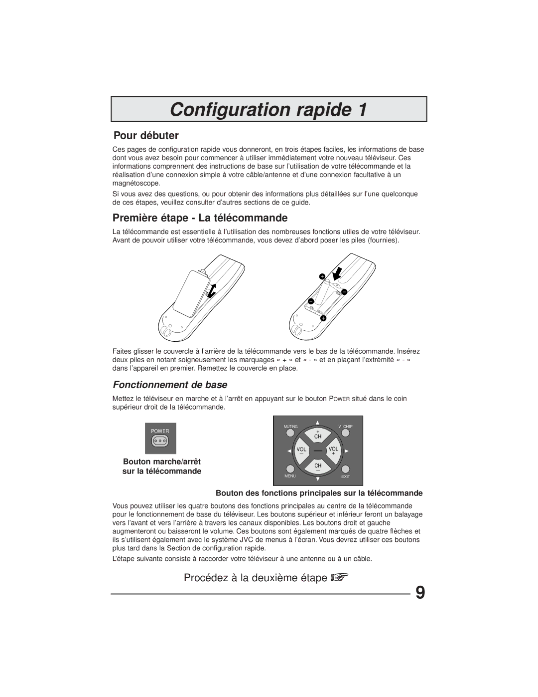 JVC AV-27GFH manual Pour débuter, Première étape La télécommande, Bouton marche/arrêt sur la télécommande 