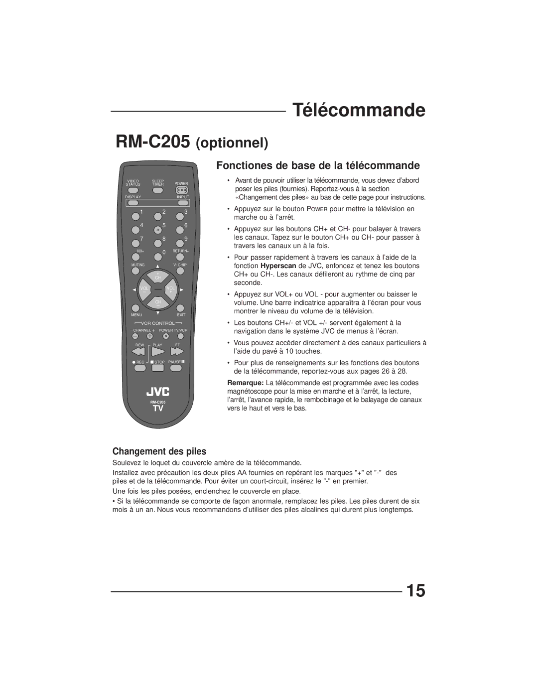 JVC AV-27GFH manual Télécommande, Fonctiones de base de la télécommande 