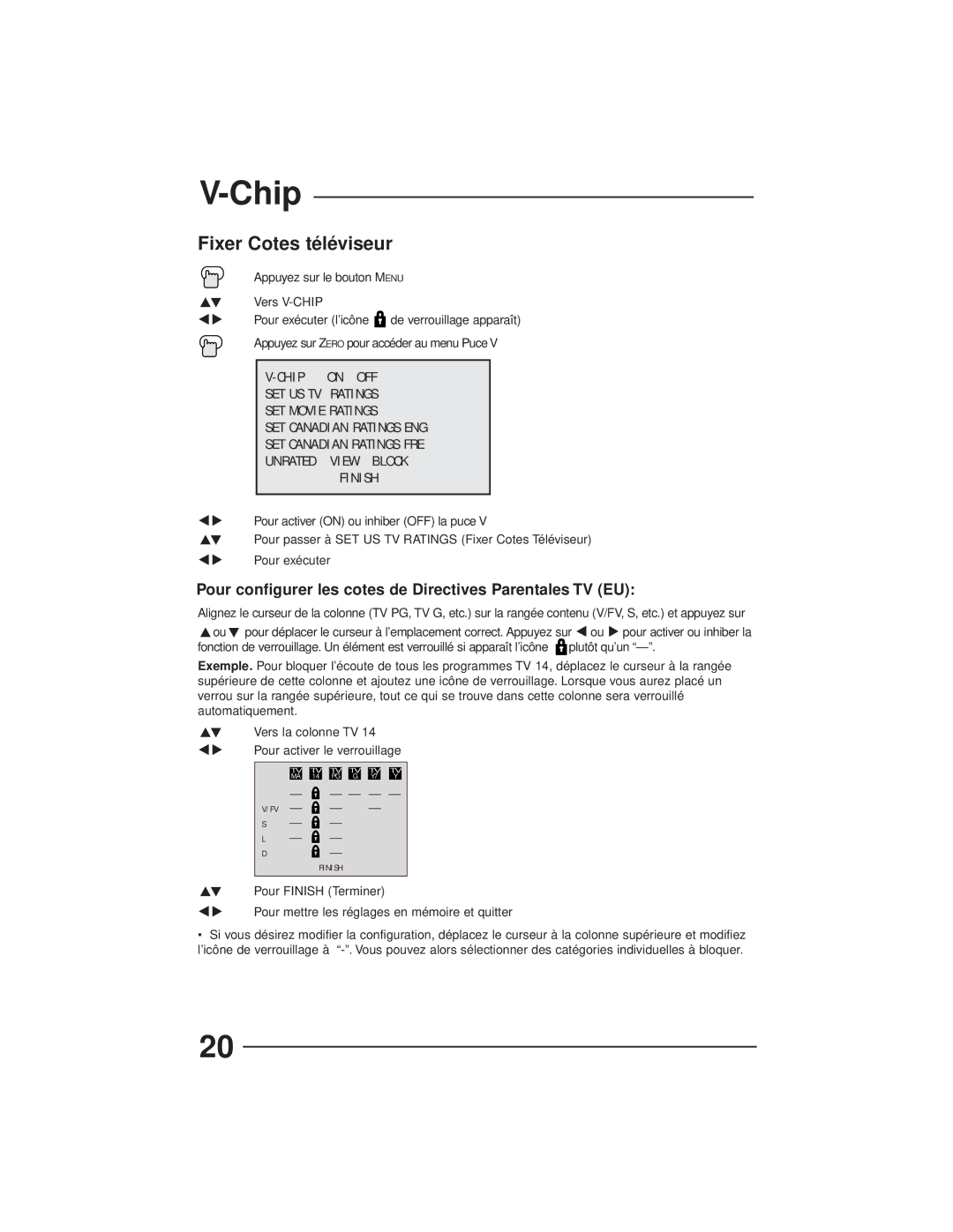 JVC AV-27GFH manual Fixer Cotes téléviseur, Pour configurer les cotes de Directives Parentales TV EU 