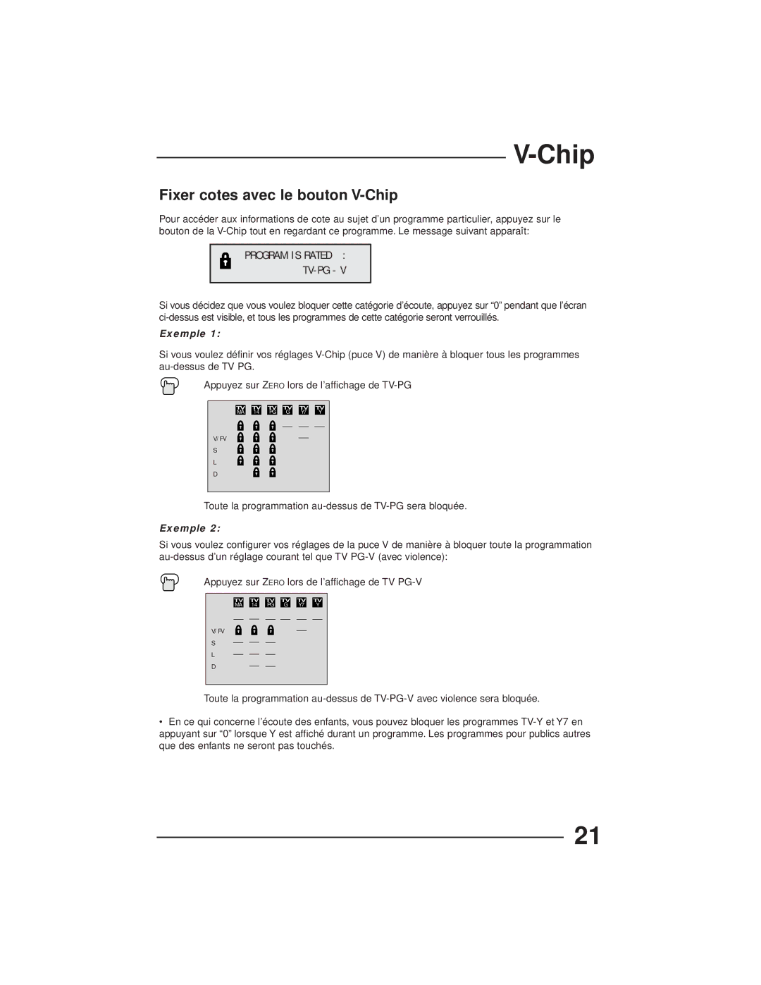 JVC AV-27GFH manual Fixer cotes avec le bouton V-Chip, Exemple 