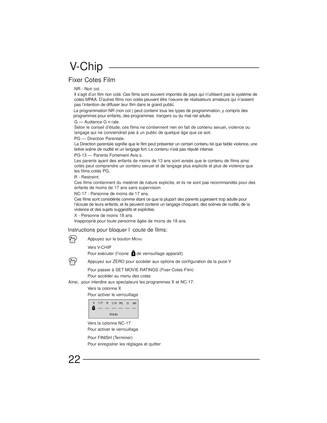 JVC AV-27GFH manual Fixer Cotes Film, Instructions pour bloquer l’écoute de films 