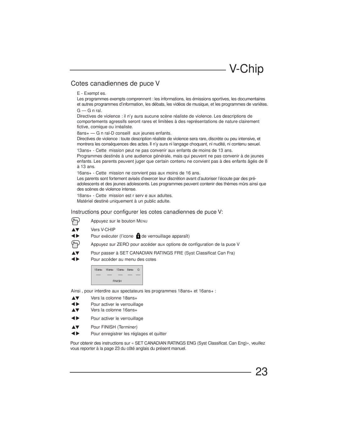 JVC AV-27GFH manual Cotes canadiennes de puce, Instructions pour configurer les cotes canadiennes de puce 