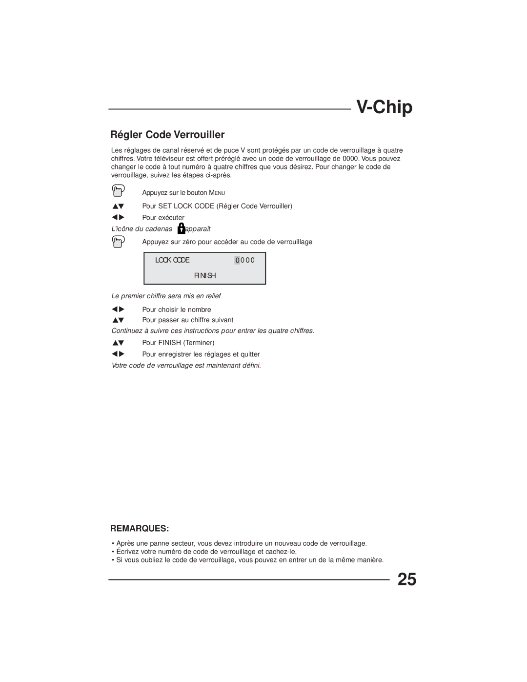 JVC AV-27GFH manual Régler Code Verrouiller, Remarques 