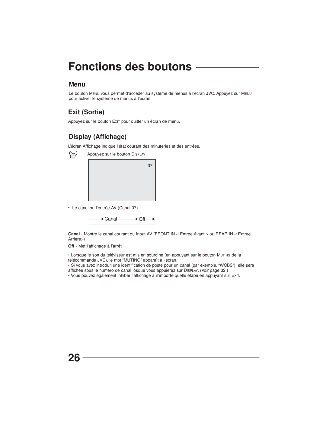 JVC AV-27GFH manual Fonctions des boutons, Exit Sortie, Display Affichage 