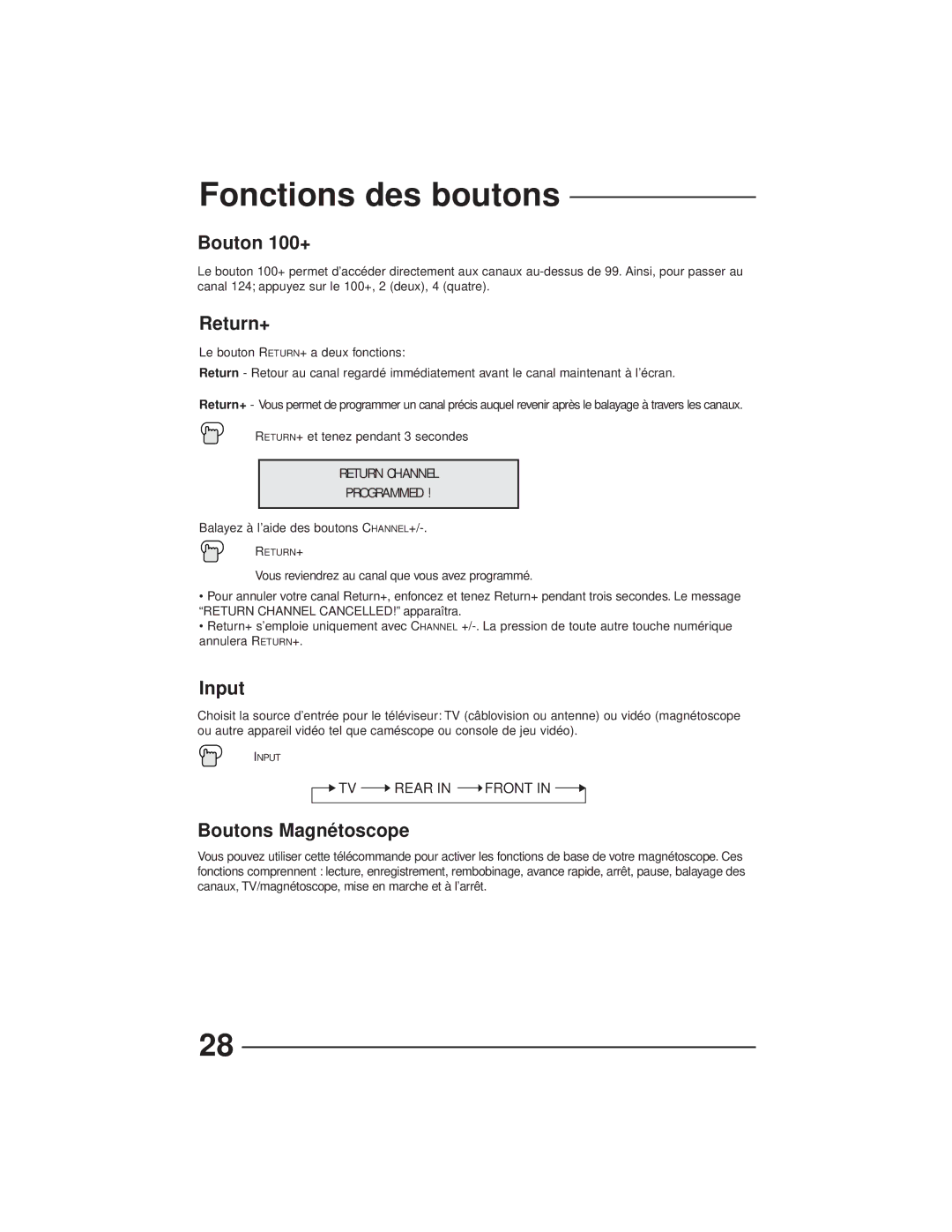 JVC AV-27GFH manual Bouton 100+, Boutons Magnétoscope 