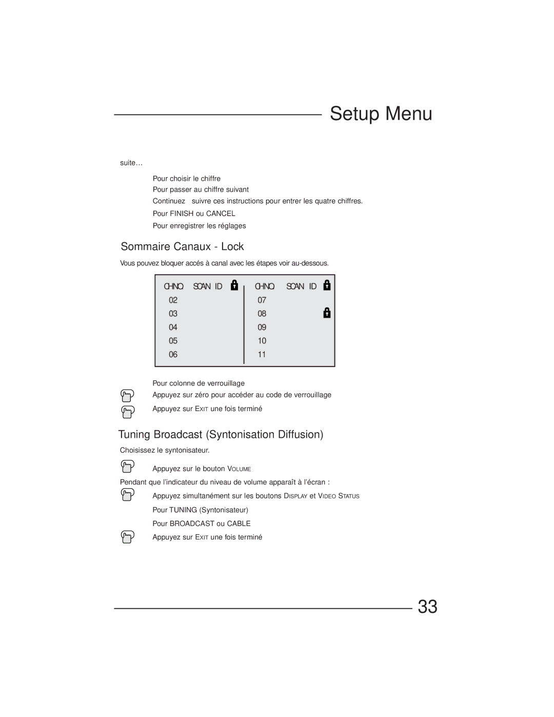 JVC AV-27GFH manual Sommaire Canaux Lock, Tuning Broadcast Syntonisation Diffusion 