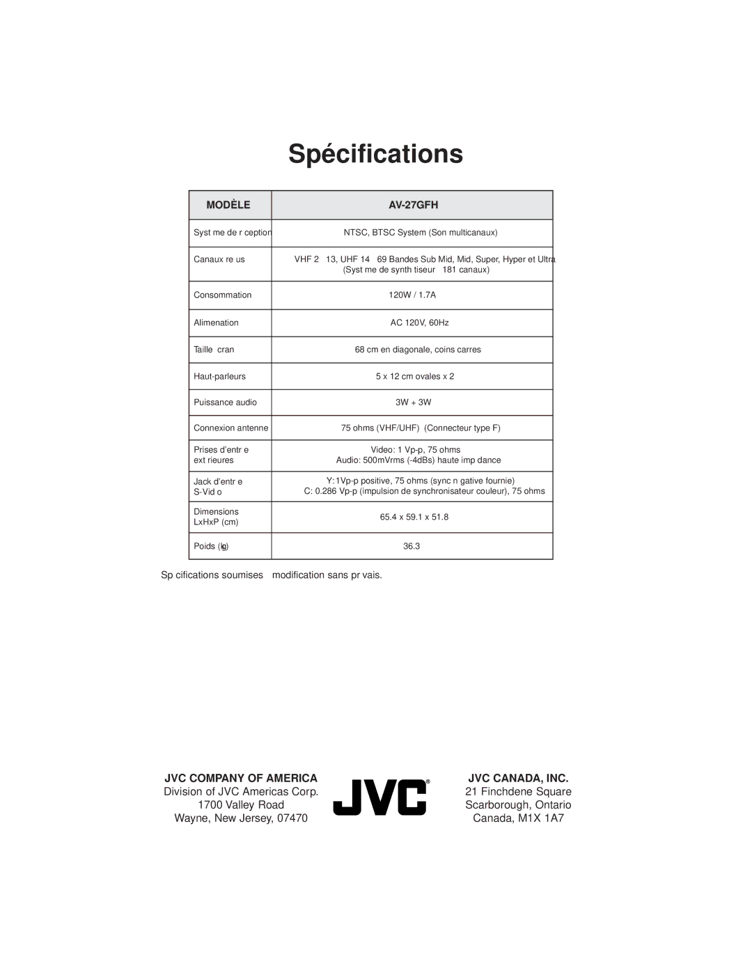 JVC manual Spécifications, Modèle AV-27GFH 