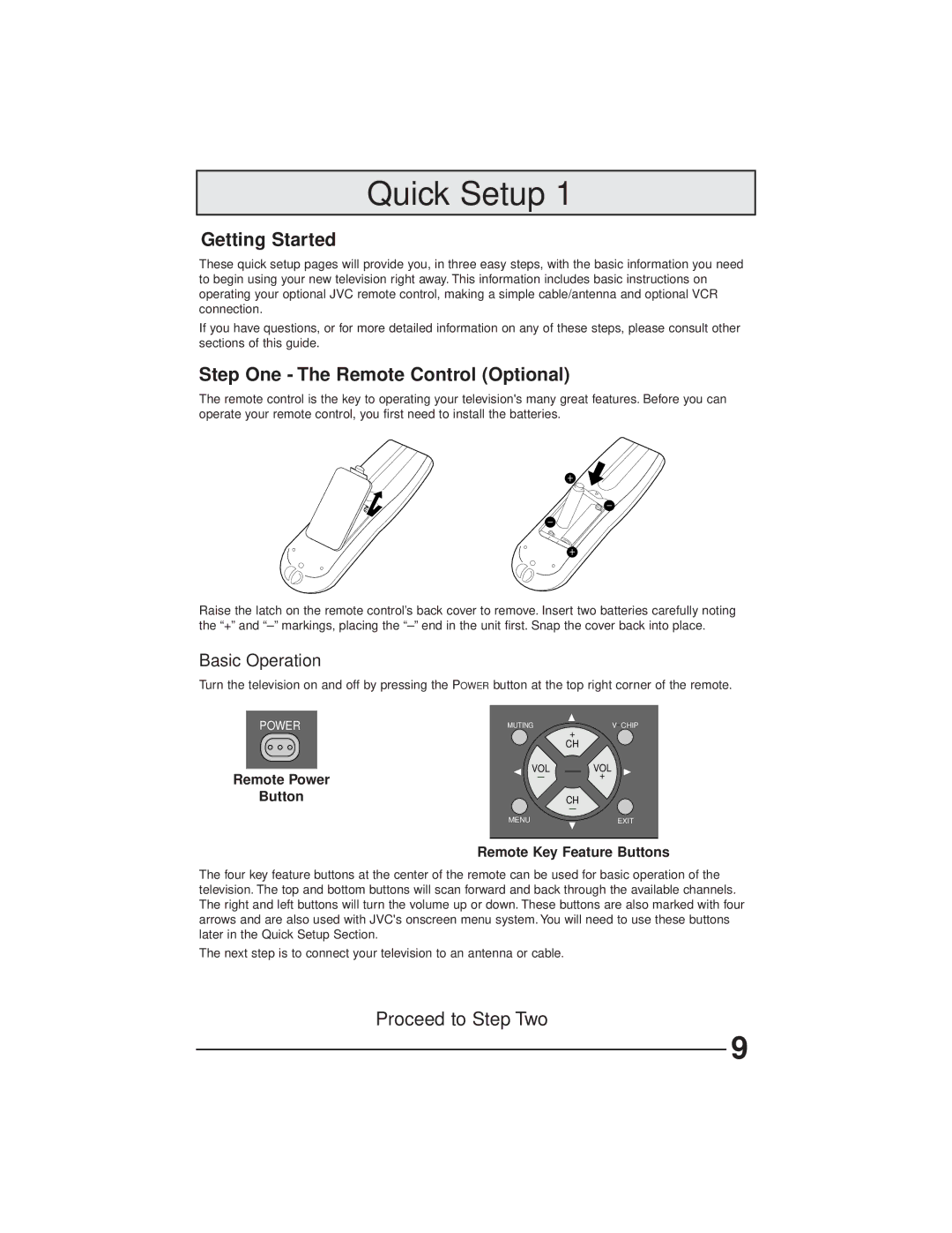 JVC AV-27GFH manual Getting Started, Step One The Remote Control Optional, Remote Key Feature Buttons 