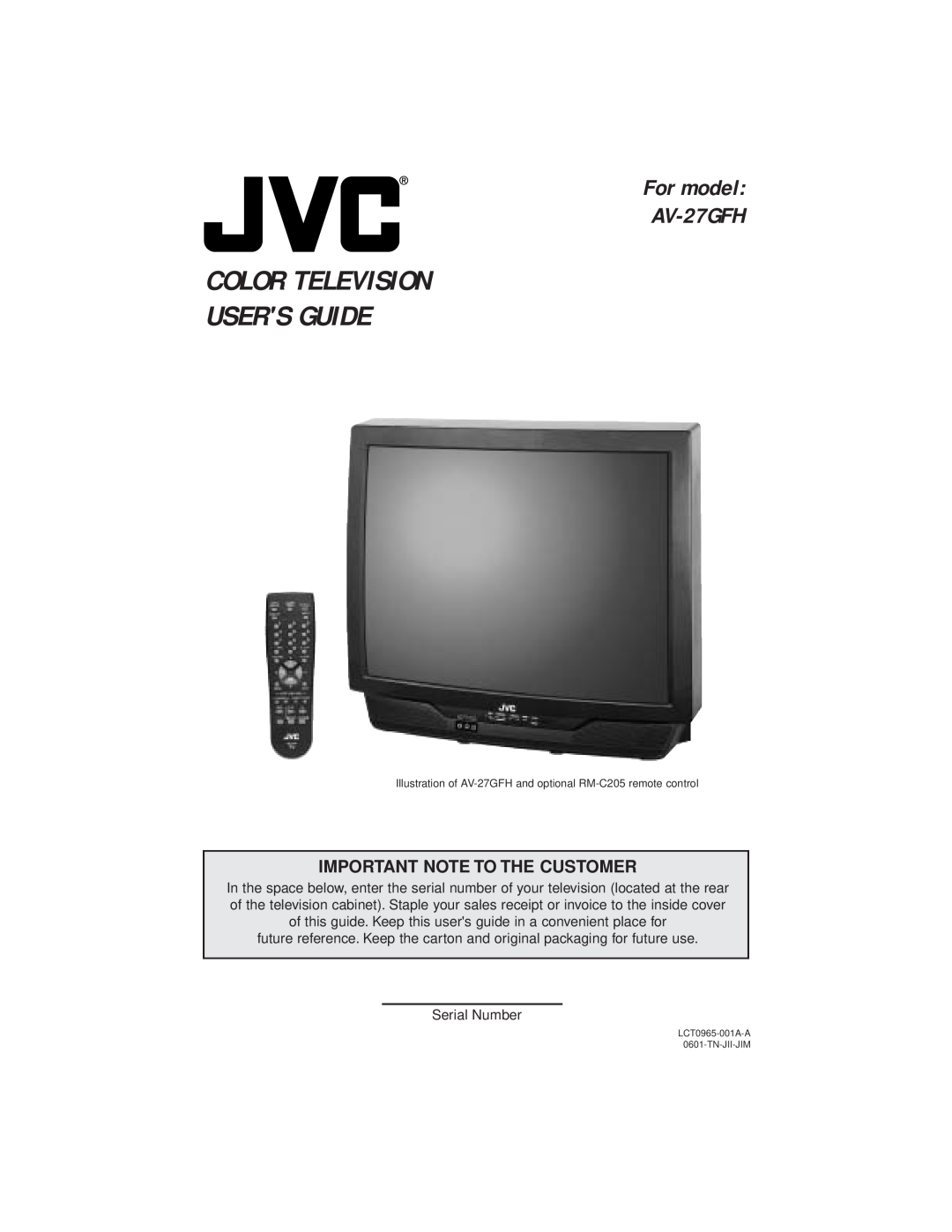 JVC manual Color Television Users Guide, For model AV-27GFH, Important Note To The Customer 