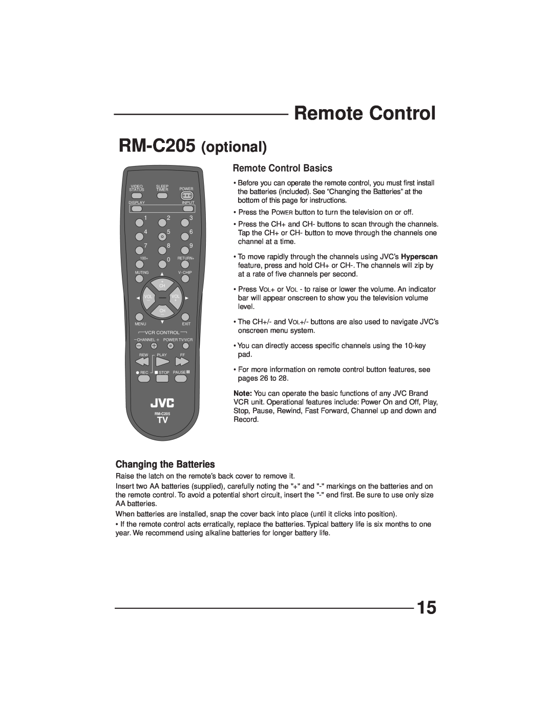 JVC AV-27GFH manual RM-C205, optional, Remote Control Basics, Changing the Batteries 