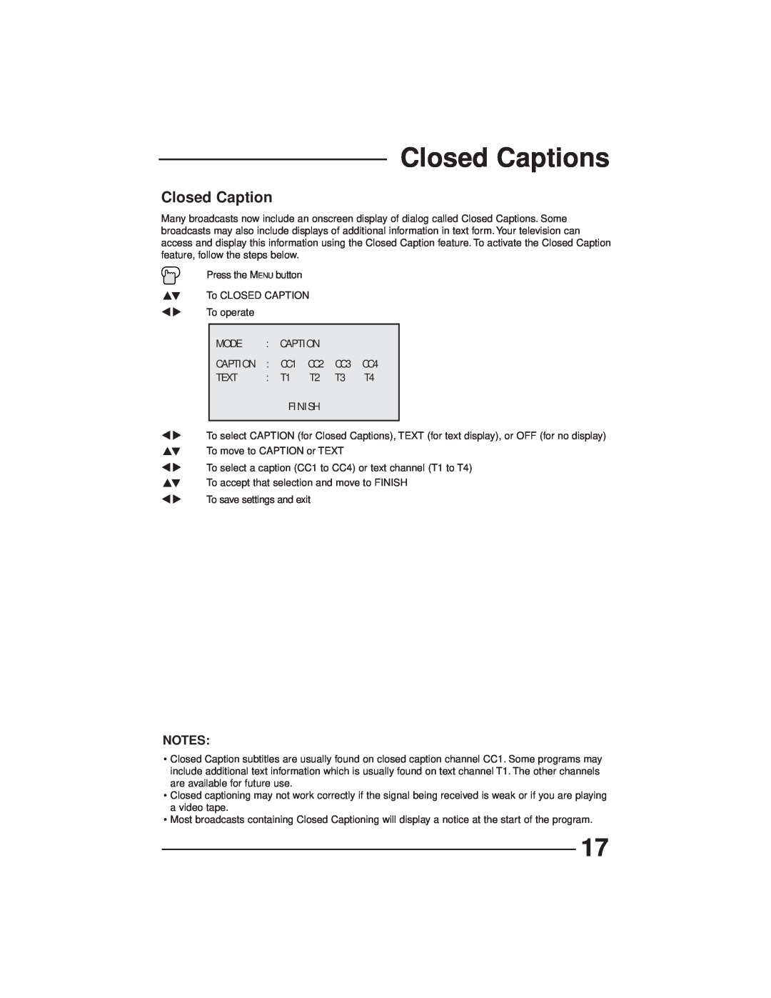 JVC AV-27GFH manual Closed Captions, Mode, Text, Finish 