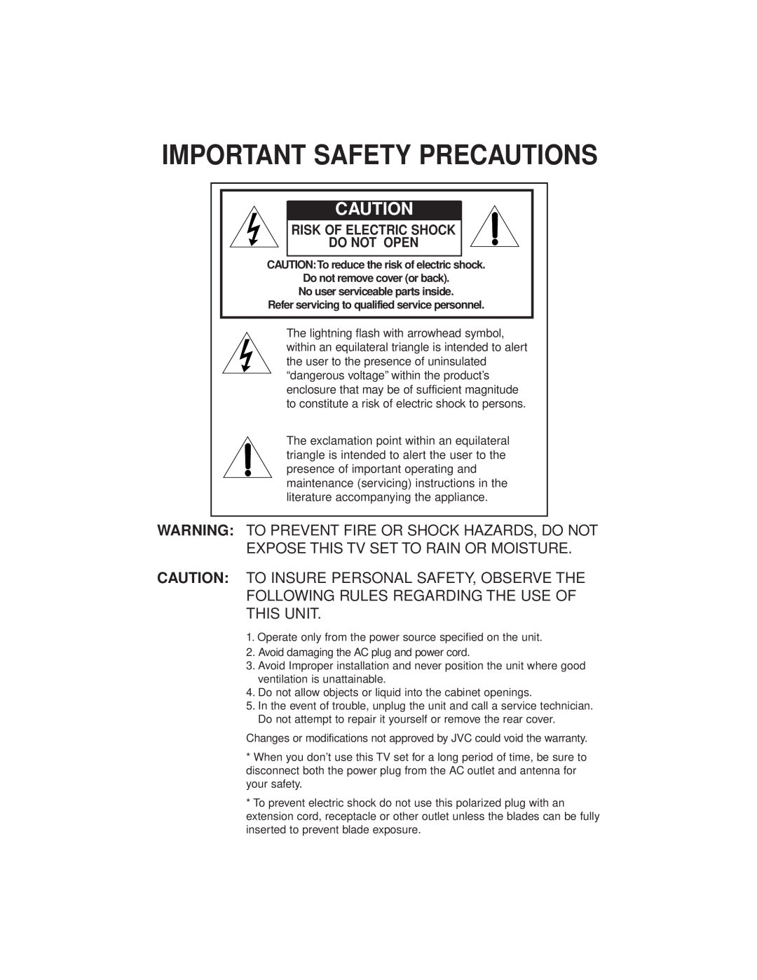 JVC AV-27GFH manual Important Safety Precautions, Risk Of Electric Shock Do Not Open 