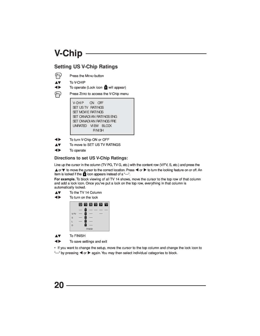 JVC AV-27GFH manual Setting US V-Chip Ratings, Directions to set US V-Chip Ratings, Finish 