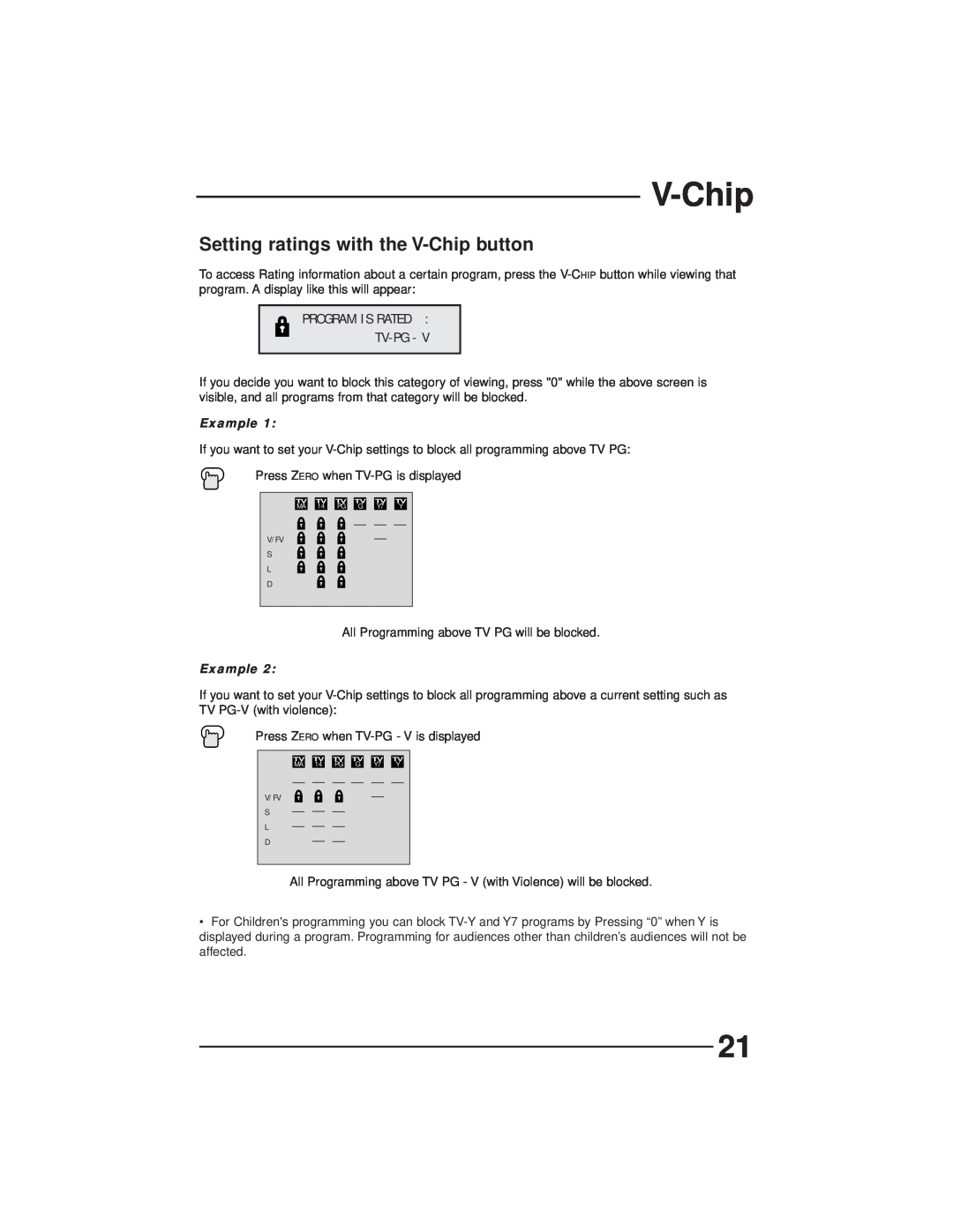 JVC AV-27GFH manual Setting ratings with the V-Chip button, Program Is Rated Tv-Pg, Example 