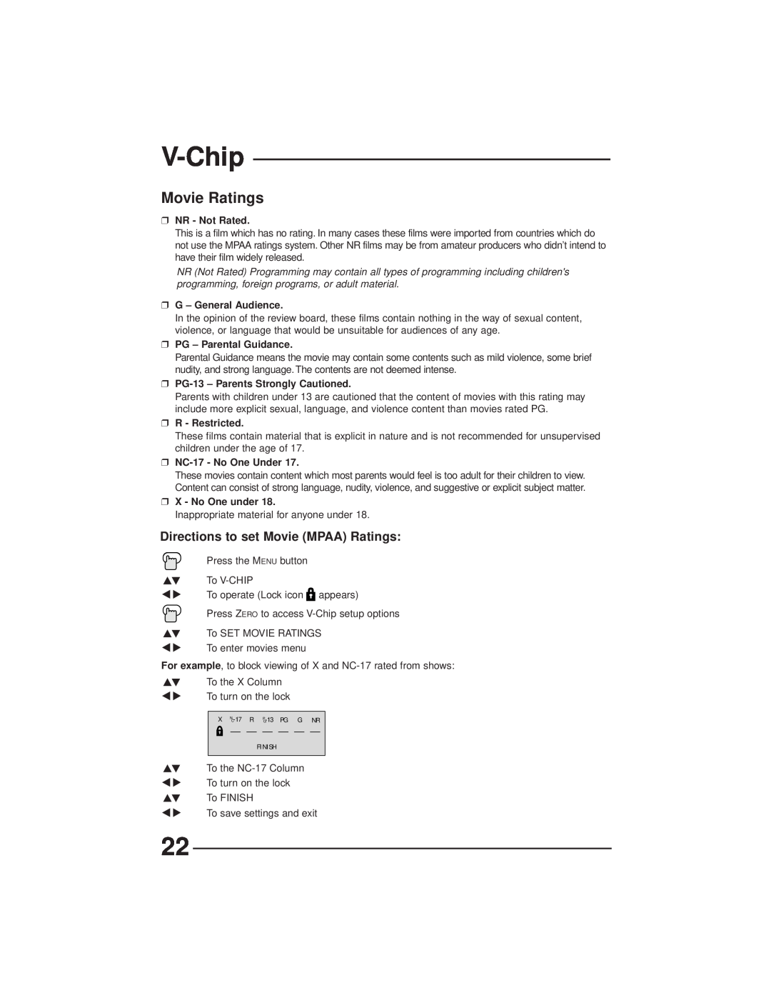 JVC AV-27GFH manual Movie Ratings, V-Chip, Directions to set Movie MPAA Ratings, NR - Not Rated, G - General Audience 