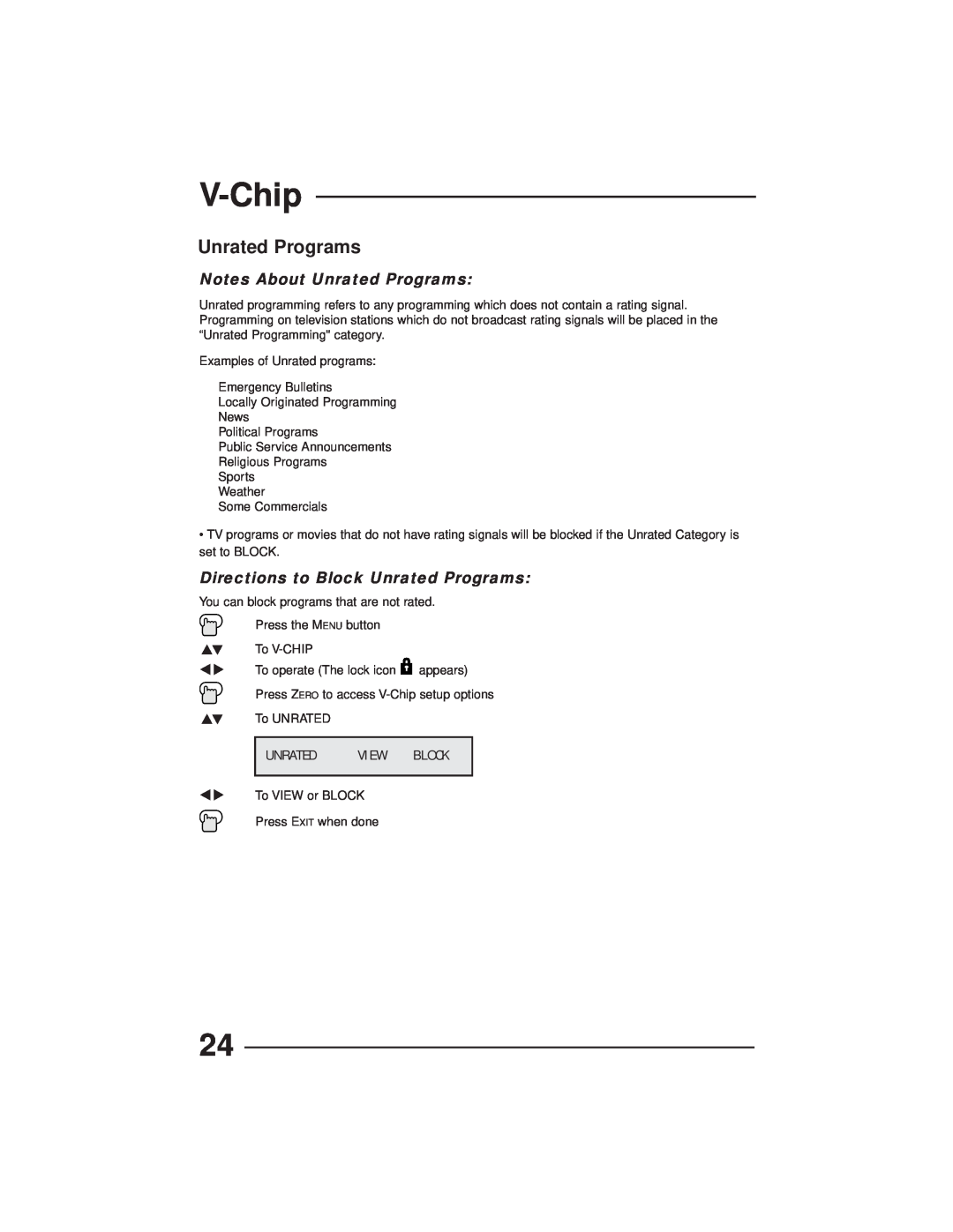 JVC AV-27GFH manual V-Chip, Notes About Unrated Programs, Directions to Block Unrated Programs, View 