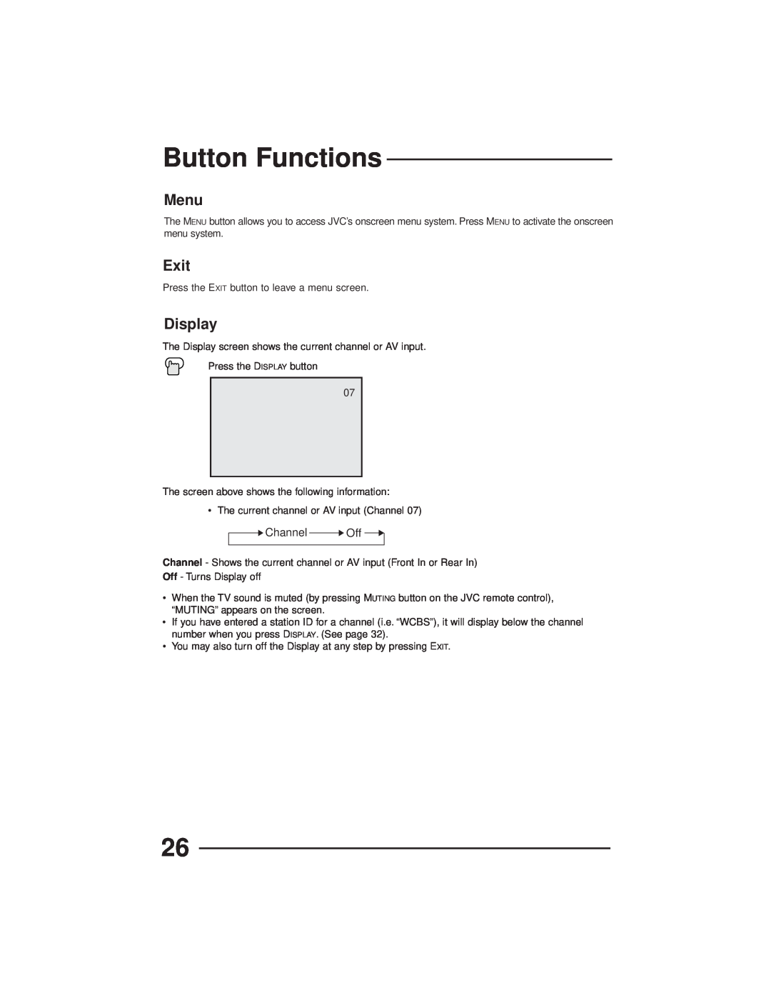 JVC AV-27GFH manual Button Functions, Menu, Exit, Display 