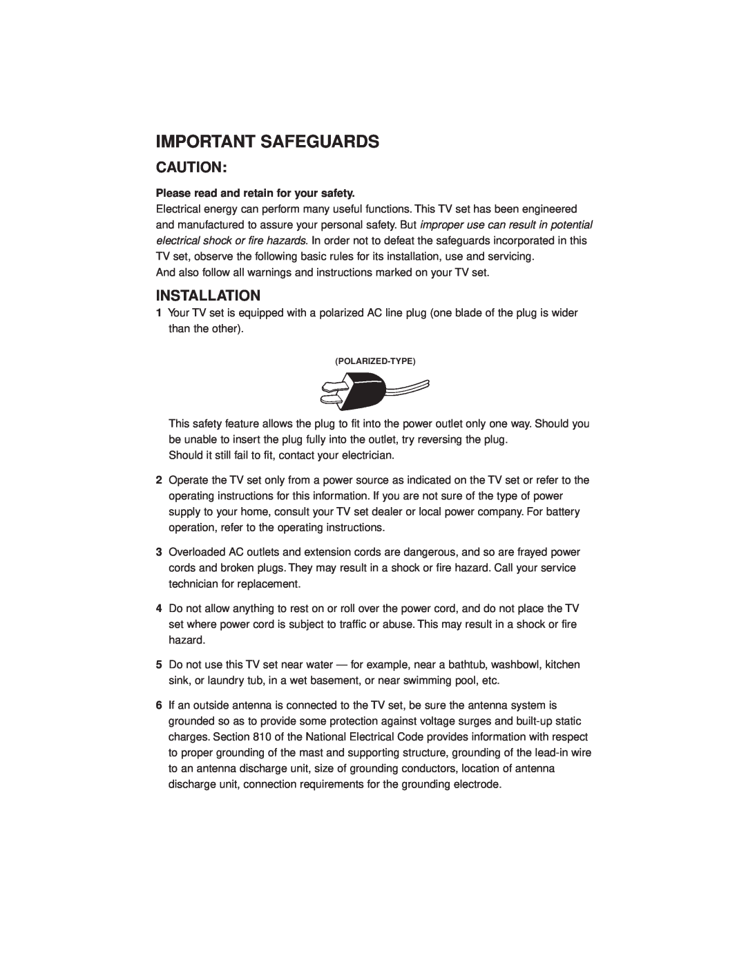 JVC AV-27GFH manual Installation, Important Safeguards, Please read and retain for your safety 