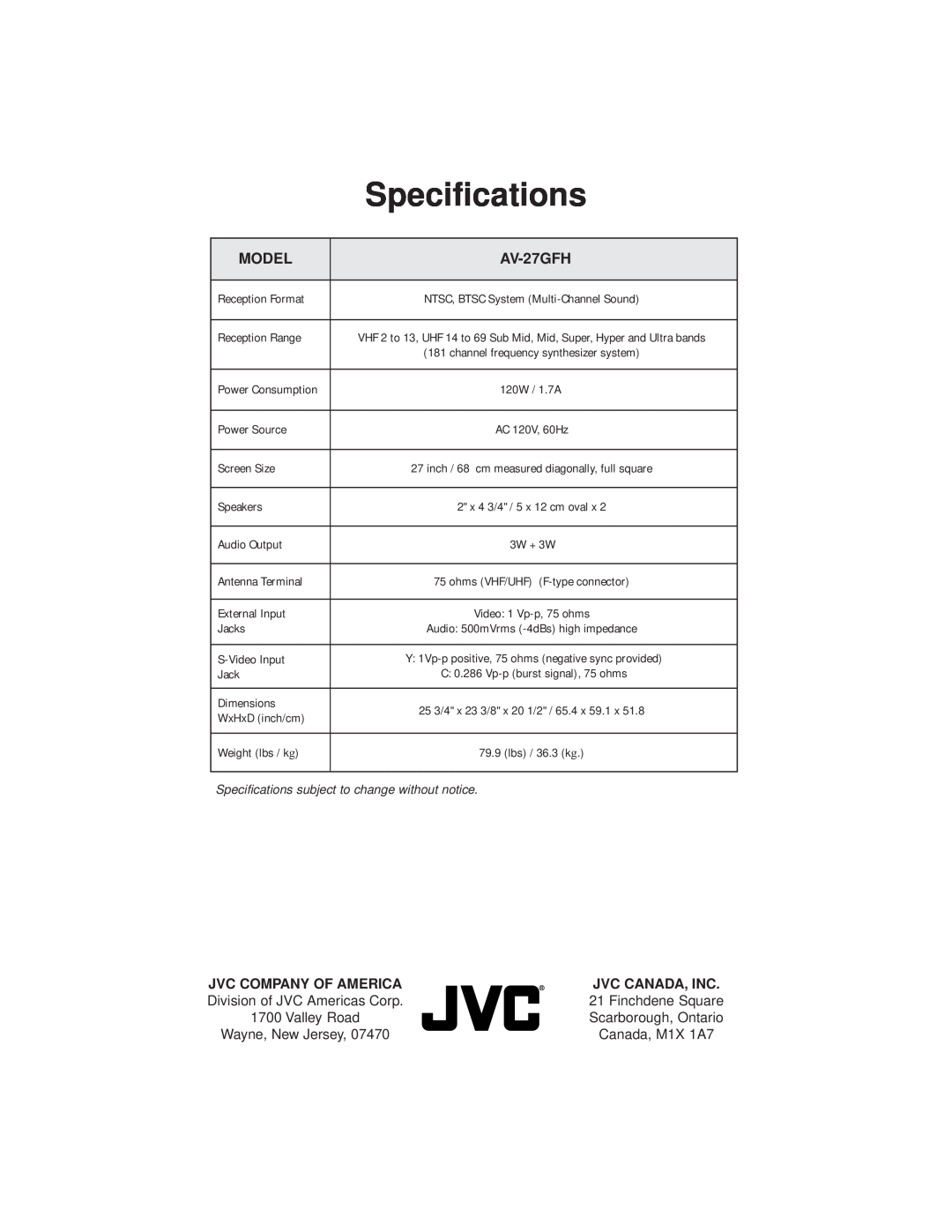 JVC AV-27GFH manual Specifications, Model, Jvc Company Of America, Jvc Canada, Inc 