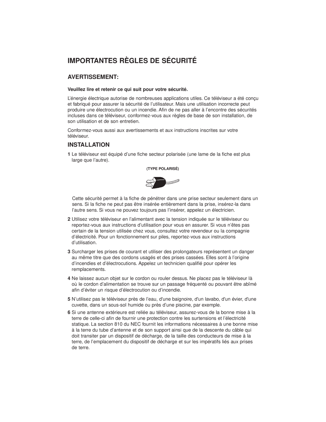 JVC AV-27GFH manual Importantes Règles De Sécurité, Avertissement, Installation 