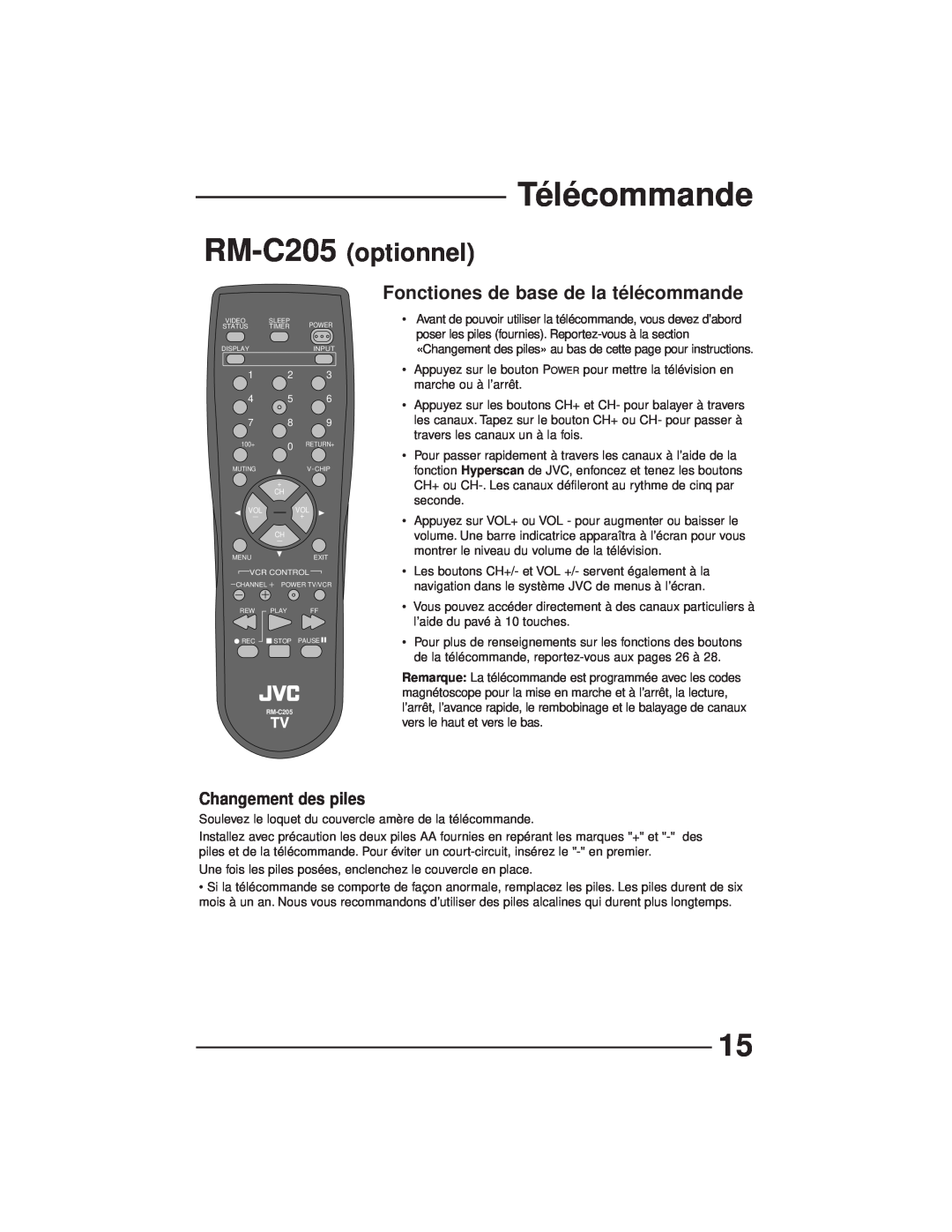 JVC AV-27GFH manual Télécommande, optionnel, Fonctiones de base de la télécommande, RM-C205, Changement des piles 