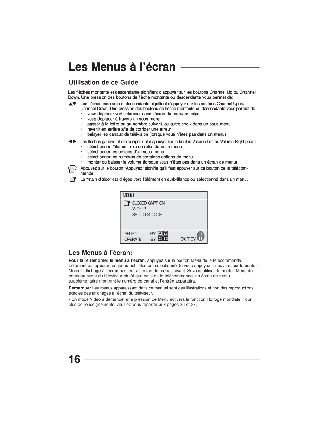 JVC AV-27GFH manual Les Menus à l’écran, Utilisation de ce Guide, Menu Closed Caption V-Chip Set Lock Code, Select, Operate 