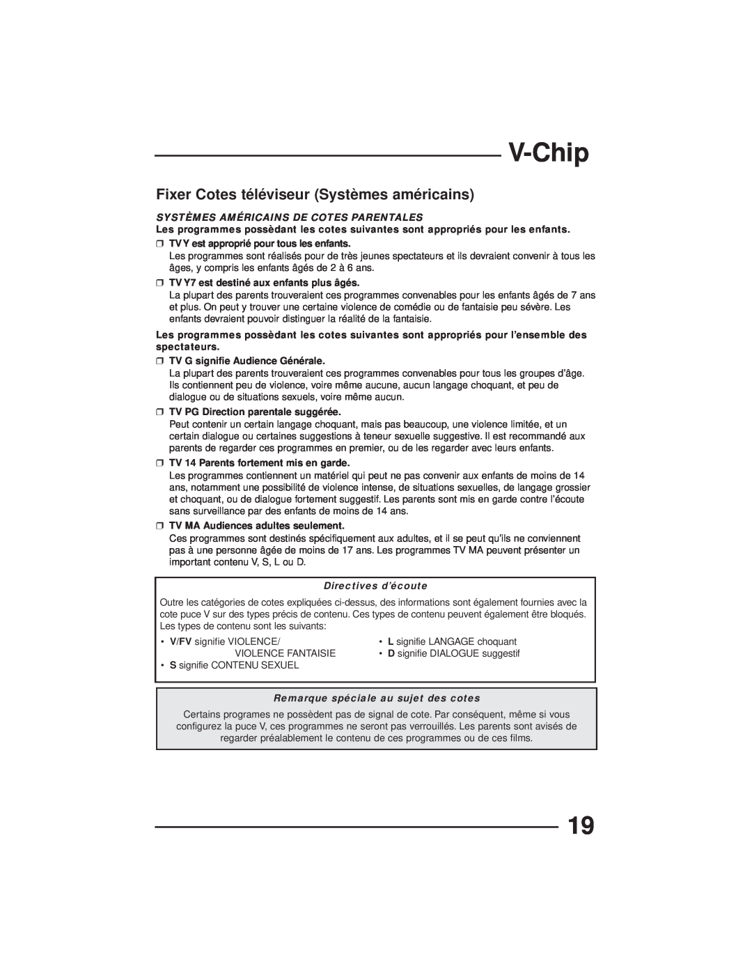JVC AV-27GFH manual Fixer Cotes téléviseur Systèmes américains, V-Chip, Systèmes Américains De Cotes Parentales 