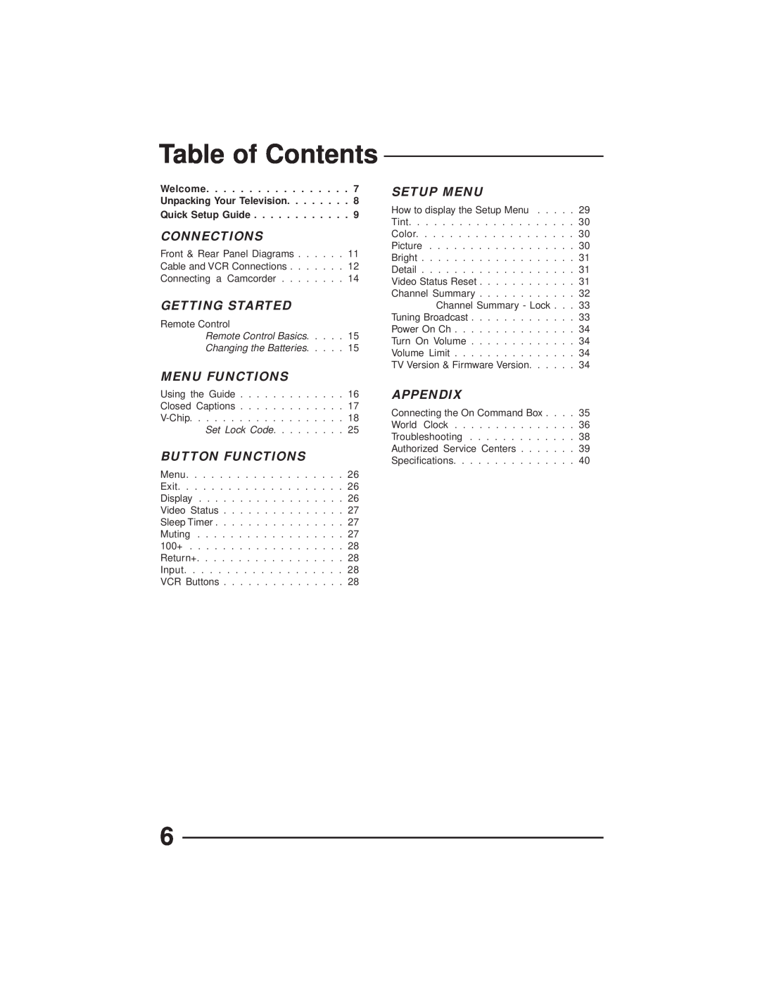 JVC AV-27GFH manual Table of Contents, Connections, Getting Started, Menu Functions, Button Functions, Setup Menu, Appendix 