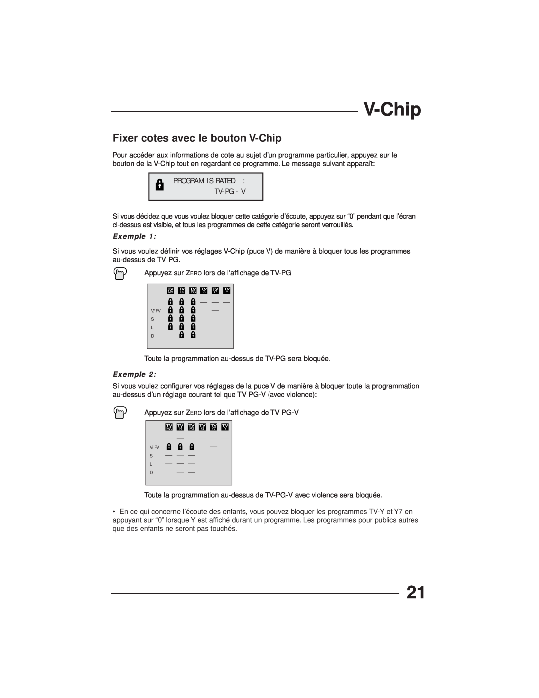 JVC AV-27GFH manual Fixer cotes avec le bouton V-Chip, Program Is Rated Tv-Pg, Exemple 