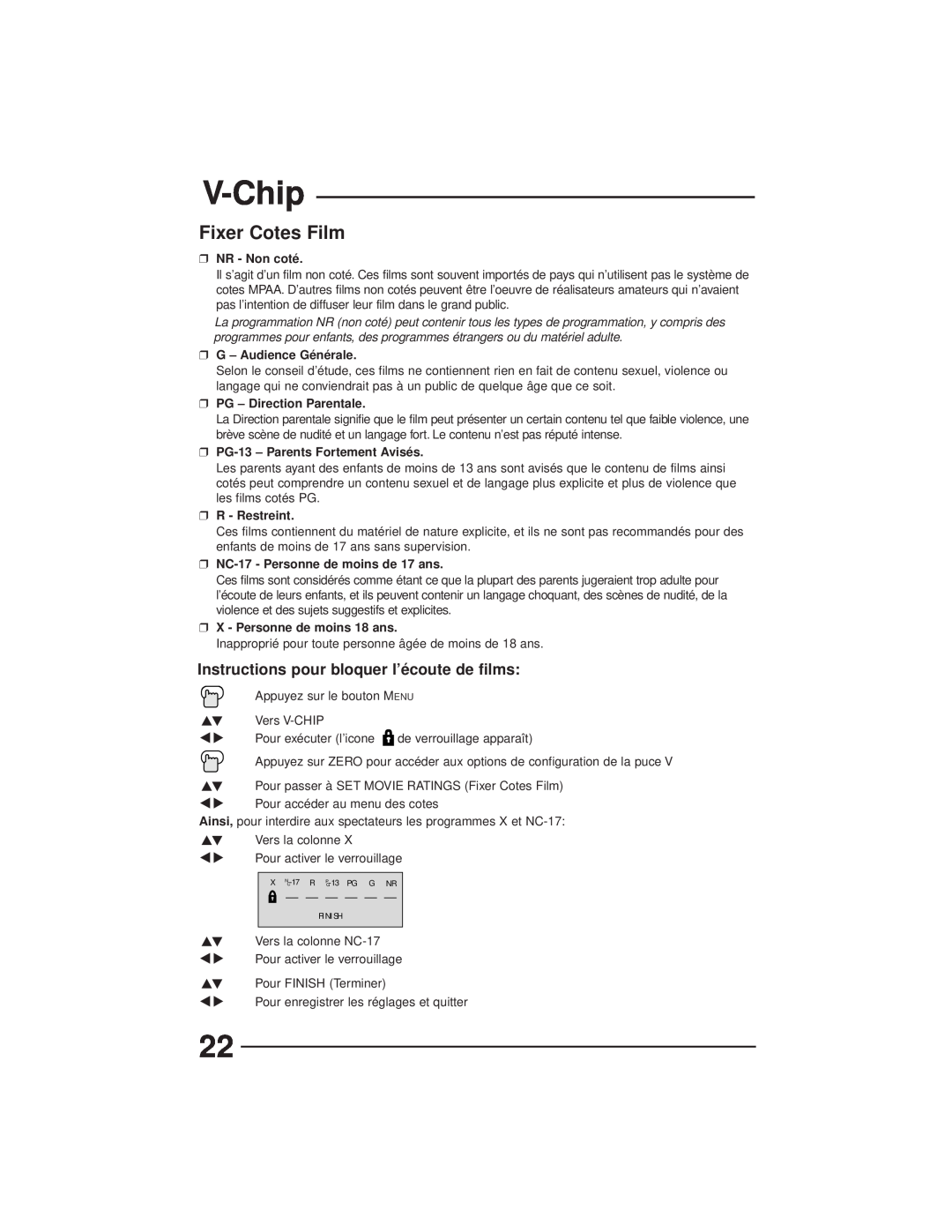 JVC AV-27GFH Fixer Cotes Film, V-Chip, Instructions pour bloquer l’écoute de films, NR - Non coté, G - Audience Générale 