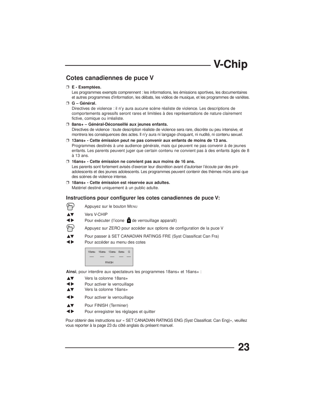 JVC AV-27GFH Cotes canadiennes de puce, V-Chip, Instructions pour configurer les cotes canadiennes de puce, E - Exemptées 