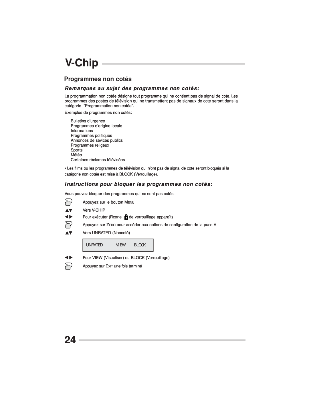 JVC AV-27GFH manual Programmes non cotés, V-Chip, Remarques au sujet des programmes non cotés, Unrated, View, Block 