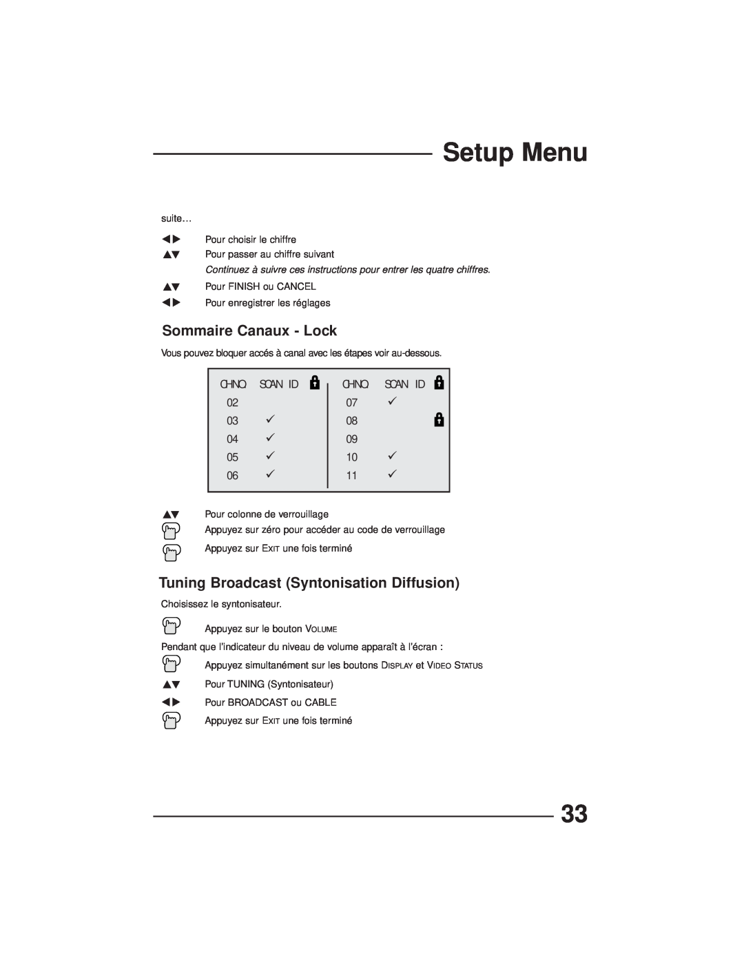 JVC AV-27GFH manual Sommaire Canaux - Lock, Tuning Broadcast Syntonisation Diffusion, Setup Menu, Chno. Scan Id 