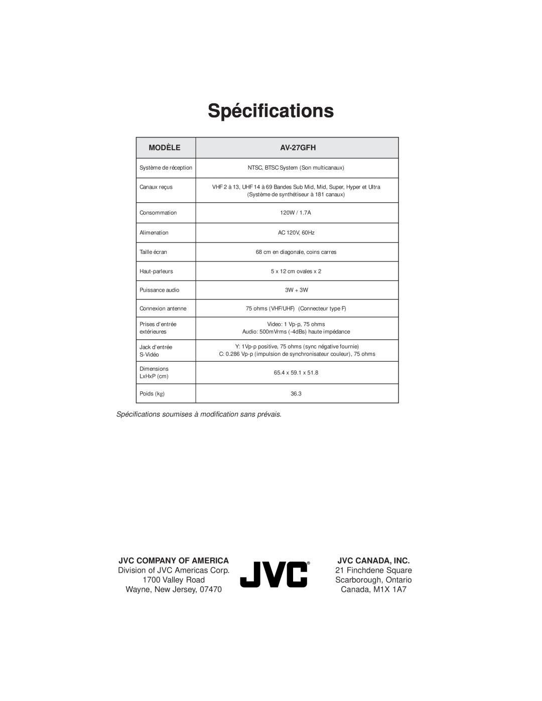 JVC AV-27GFH Spécifications, Jvc Company Of America, Jvc Canada, Inc, Modèle, Système de réception, Canaux reçus, S-Vidéo 