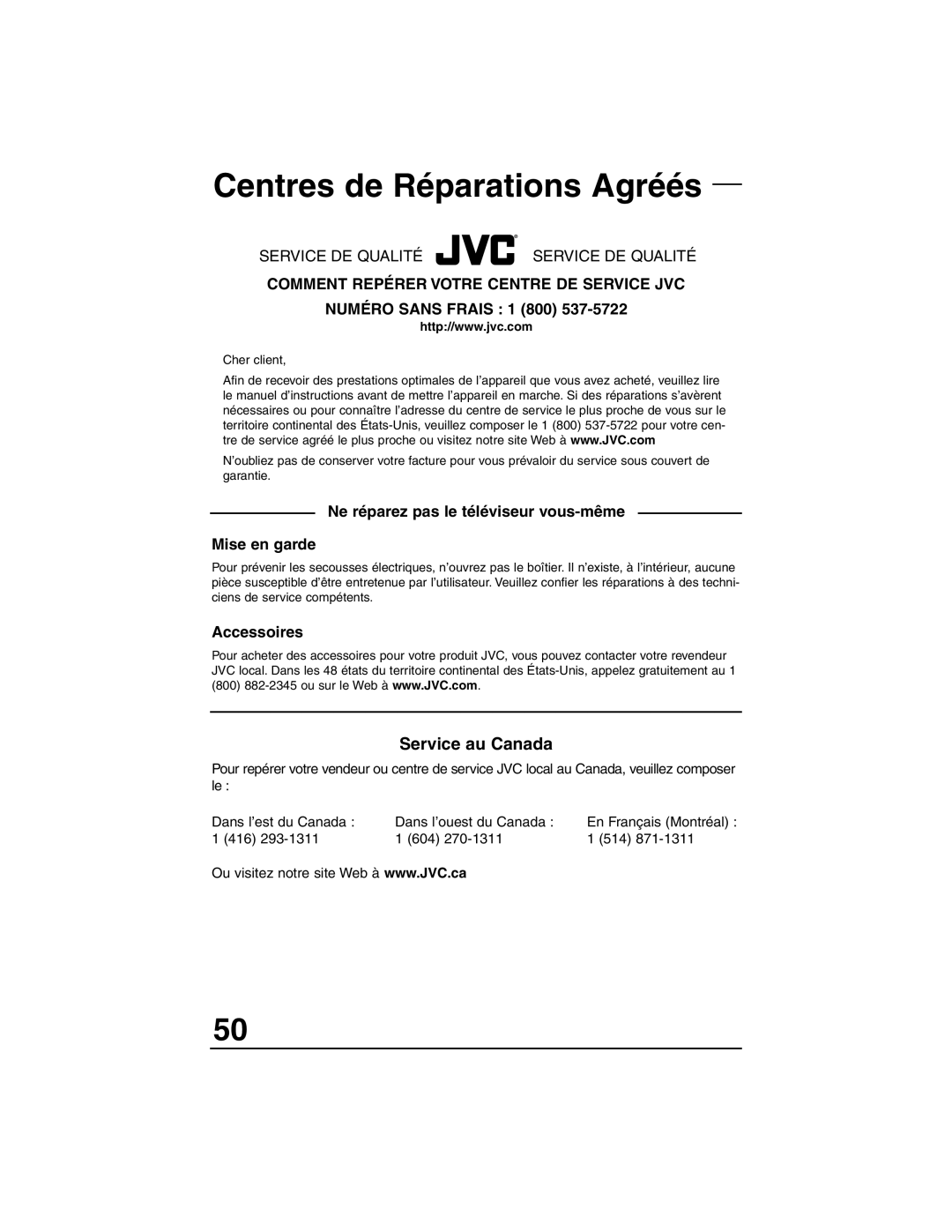 JVC AV 27S33, AV 27330 Centres de Réparations Agréés, Comment Repérer Votre Centre DE Service JVC, Numéro Sans Frais 1 800 