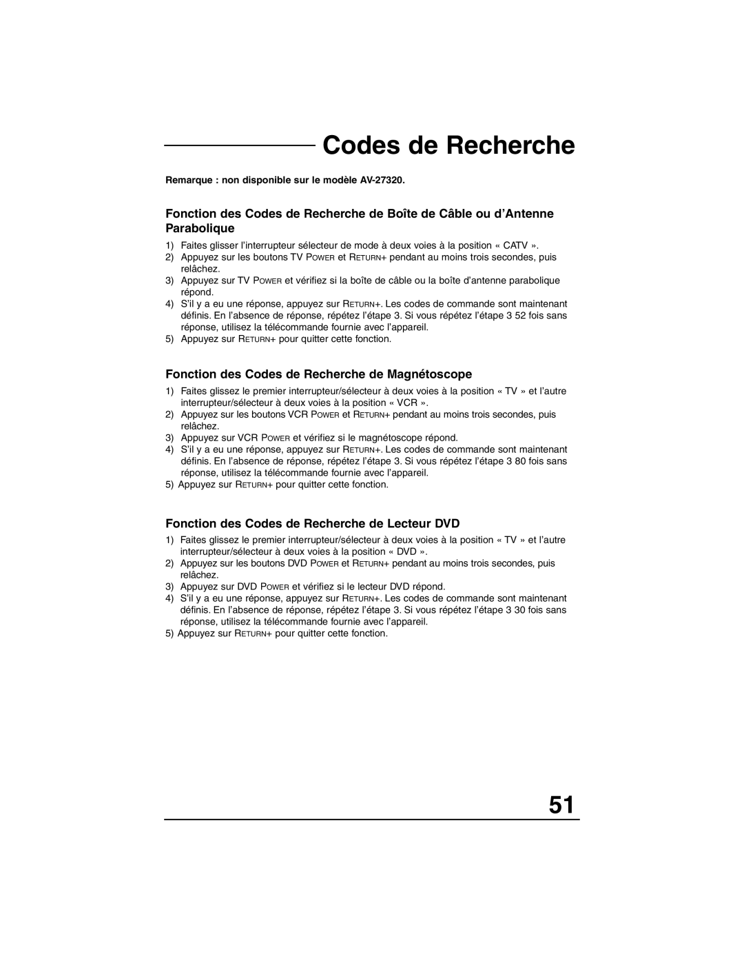 JVC AV 27330, AV 27S33 Fonction des Codes de Recherche de Magnétoscope, Fonction des Codes de Recherche de Lecteur DVD 