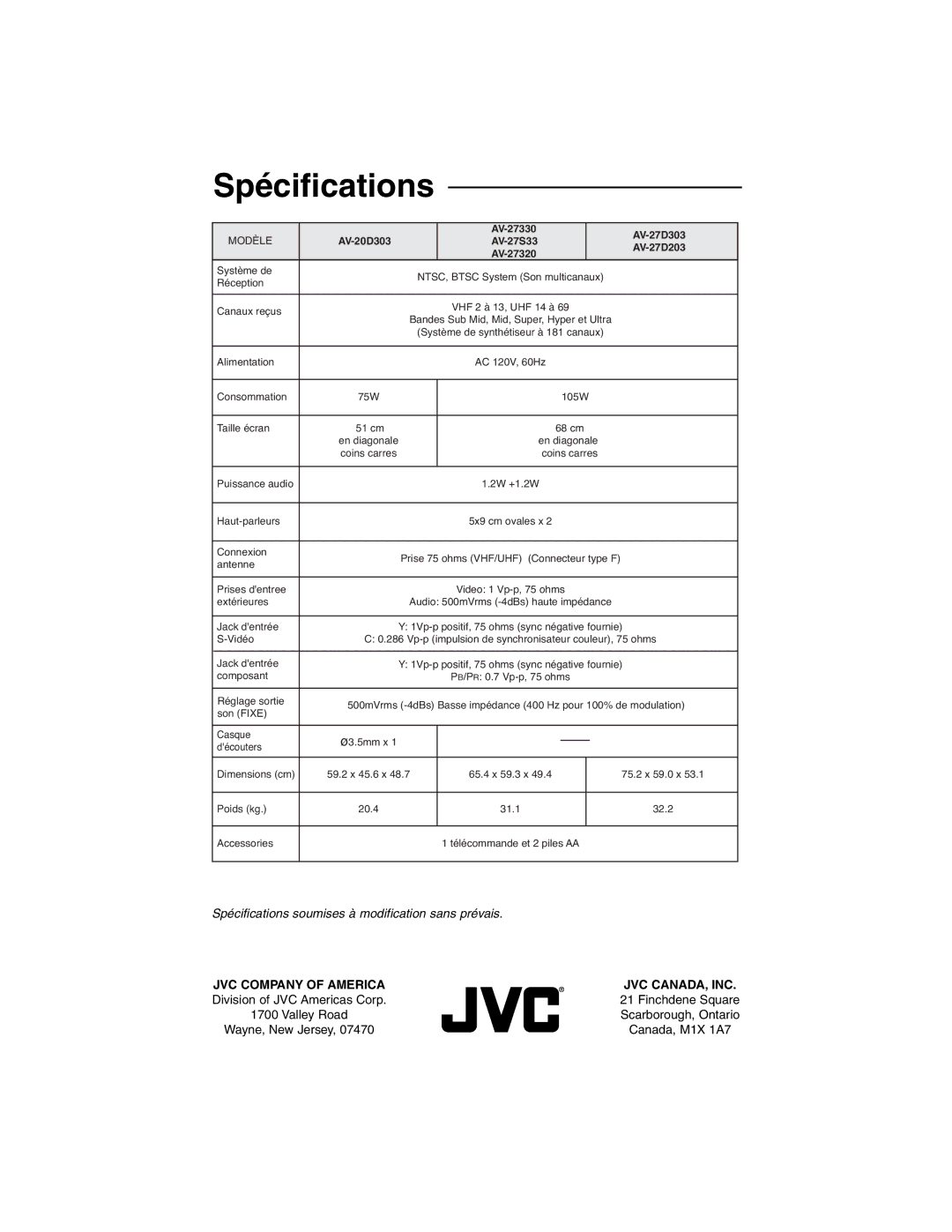 JVC AV 27320, AV 27S33, AV 27330 manual Spécifications, AV-20D303 AV-27S33 AV-27D203 AV-27320 