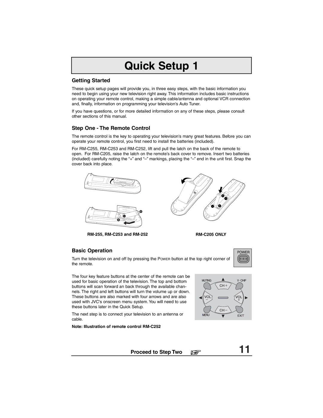 JVC AV 27320, AV 27S33 Quick Setup, Getting Started, Step One The Remote Control, Basic Operation, Proceed to Step Two 