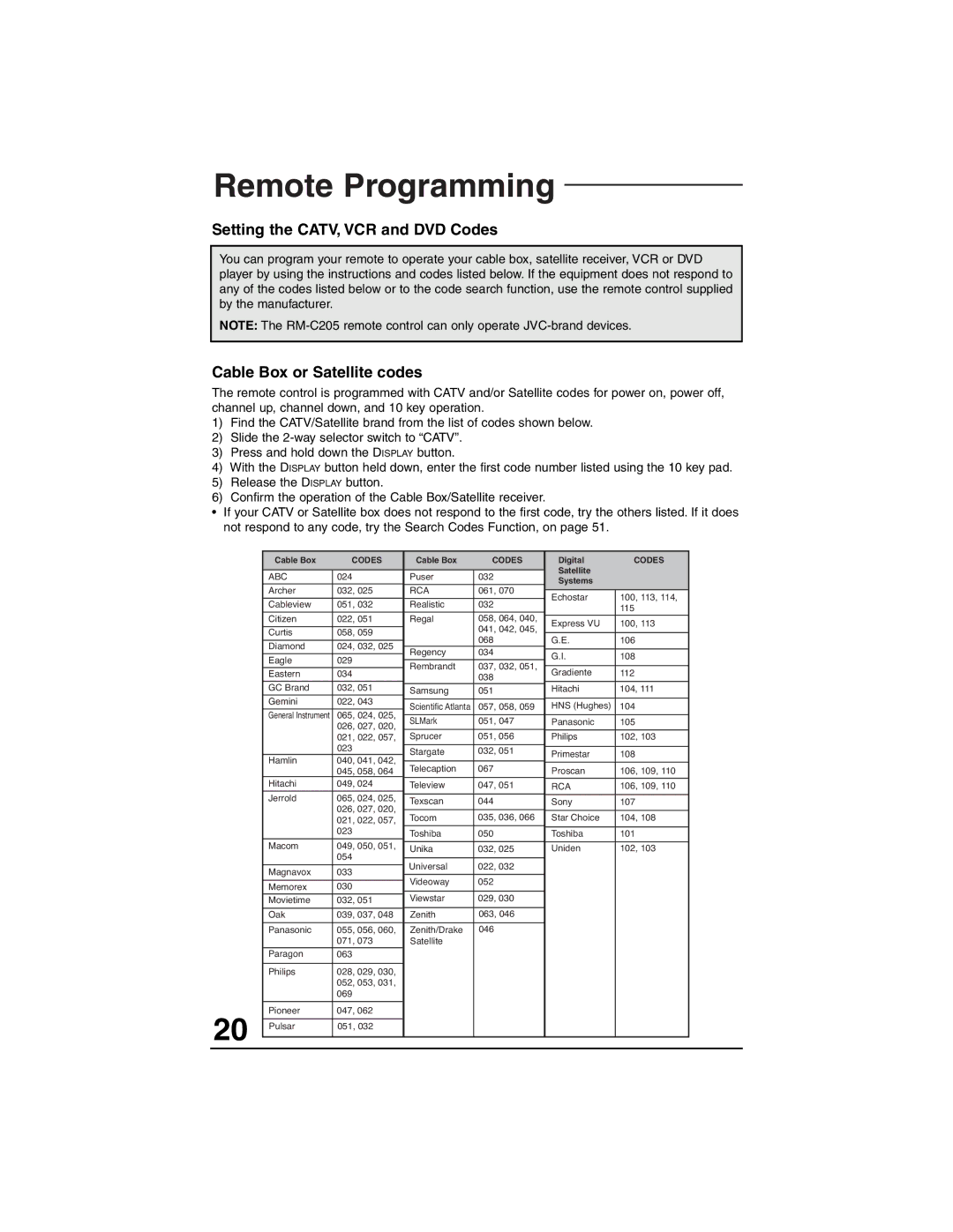 JVC AV 27320, AV 27S33, AV 27330 manual Remote Programming, Setting the CATV, VCR and DVD Codes, Cable Box or Satellite codes 