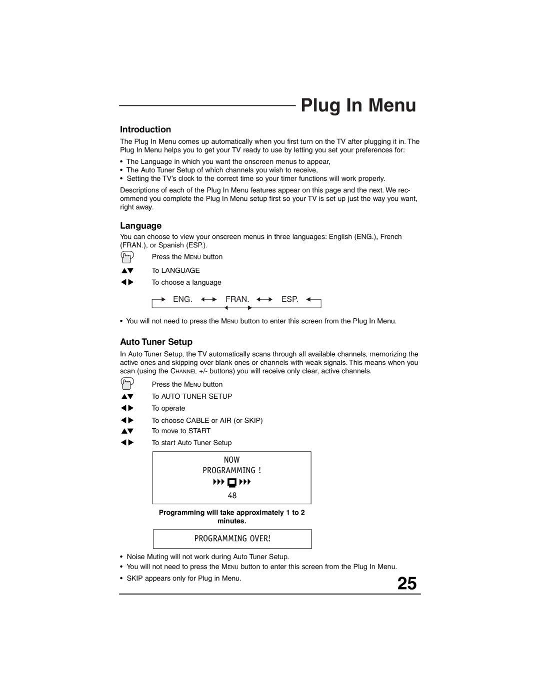 JVC AV 27330 Plug In Menu, Introduction, Language, Auto Tuner Setup, Programming will take approximately 1 to Minutes 