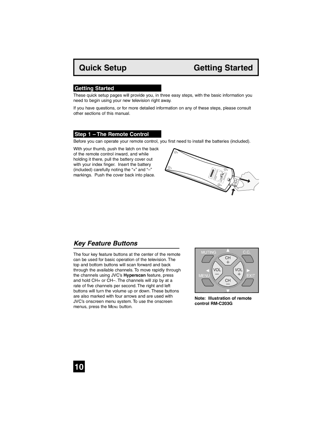 JVC AV-27SF35 manual Quick Setup Getting Started, Key Feature Buttons, Remote Control 