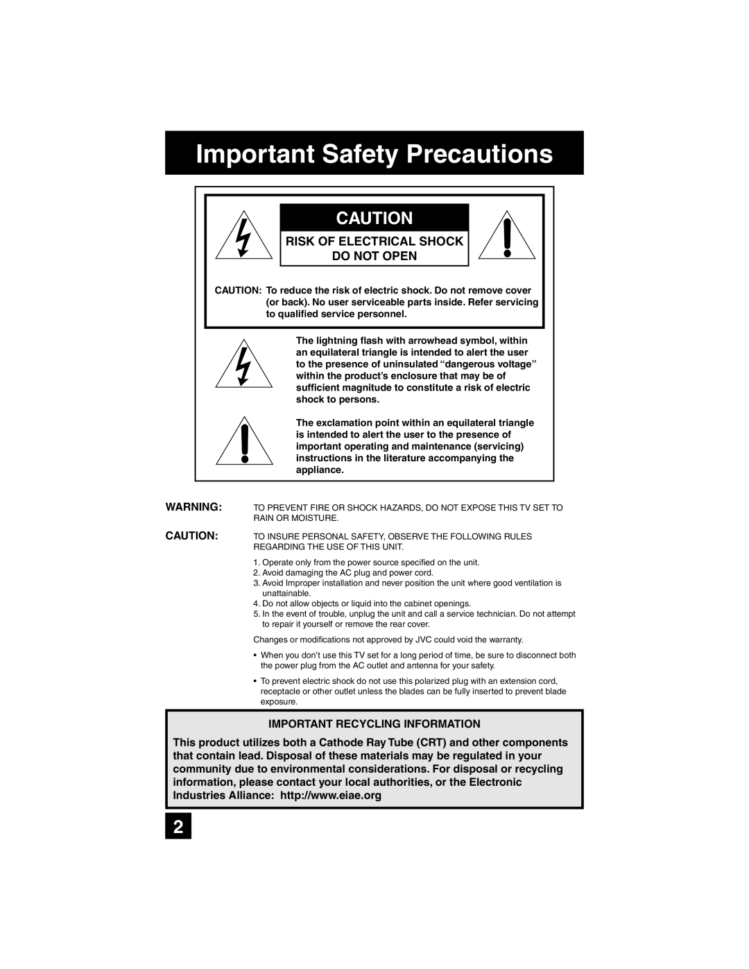 JVC AV-27SF35 manual Important Safety Precautions, Risk of Electrical Shock Do not Open 