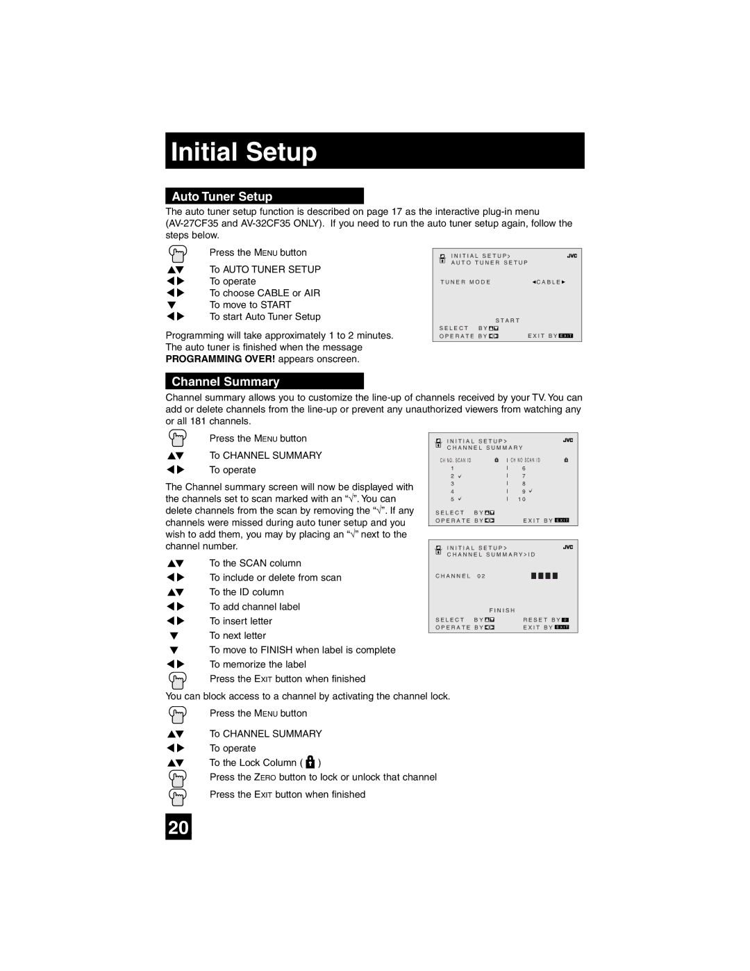 JVC AV-27SF35 manual Initial Setup, Auto Tuner Setup, Channel Summary 